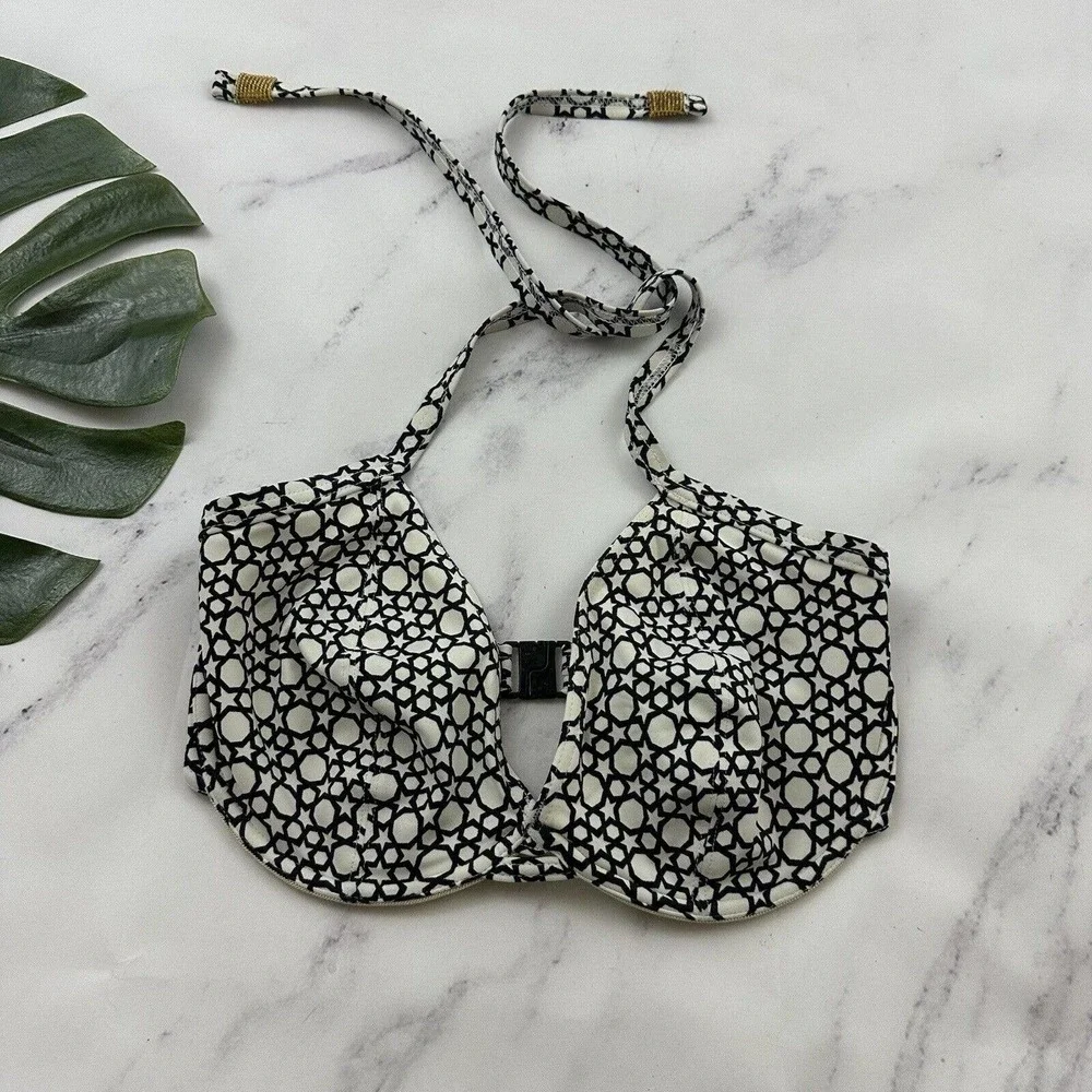 Freya Halter Bikini Top Size 34 E White Black Geometric Star Print Underwire